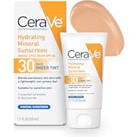 CeraVe Hydrating Mineral Sunscreen with Sheer Tint | Tinted Mineral Sunscreen with Zinc Oxide & Titanium Dioxide | Blends Seamlessly For Healthy Glow | Tinted Moisturizer with SPF 30 | 1.7 Fluid Ounce